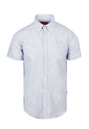 Kurzärmliges Hemd mit Knopfleiste in hellblau und weißen Streifen, gefertigt aus einem leichten, strukturierten Stoff. Klassisches Kragen-Detail.