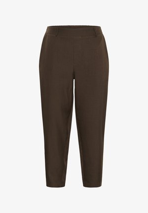 Pantaloni maro cu croială dreaptă, talie medie, cu bucle pentru curea și partea din față netedă, fără buzunare vizibile sau ornamente.