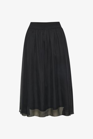 Gonna nera, lunga fino al ginocchio, realizzata in un tessuto leggero e trasparente con una vita morbida. Presenta un design fluido e una texture a strati.