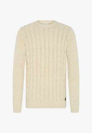 Sweter wykonany na drutach w jasny beżowym kolorze z wzorem w warkocze. Posiada okrągły dekolt oraz ściągacze przy mankietach i na dolnym wykończeniu. Miękka tekstura.