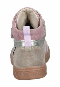 Pink and beige high-top sneaker featuring a textured upper, silver accents, padded collar, and a rear pull tab for ease of wear.