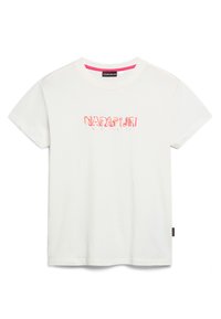 Witte katoenen t-shirt met een roze en rode grafische 'NAPAPIJRI' logo aan de voorkant, ronde halslijn en korte mouwen.