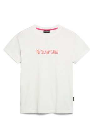 Witte katoenen t-shirt met een roze en rode grafische 'NAPAPIJRI' logo aan de voorkant, ronde halslijn en korte mouwen.