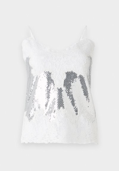 Valge pitsist tank top, millel on hõbedased sequins'st bodice, mis loob gradientefekti. Reguleeritavad õhukesed rihmad ja laineline pitsist ääre.