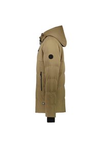 Beige pufferjacka med huva, dragkedjefickor, ribbade ärmslut och rund logotyp-patch på ärmen. Har en vadderad textur och längre längd.