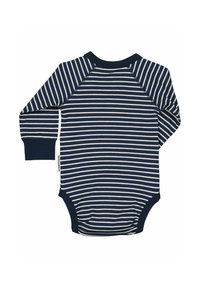 Marinblå och vit randig långärmad bodysuit med raglanärmar och rundad halsringning. Mjukt tyg med tryckknap stängning i botten.