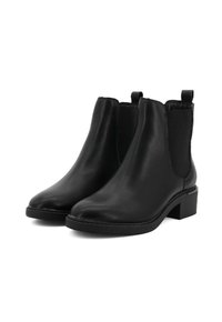 Stivaletti neri in pelle con pannelli laterali elasticizzati, punta rotonda, tacco basso e linguette per una facile calzata. Texture liscia e linee pulite.