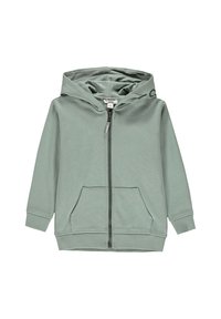 Zelená mikina na zip s kapucí na stahovací šňůrku, klokankovými kapsami, ribovanými manžetami a měkkou texturou. Plochý design bez viditelných vzorů nebo akcentů.