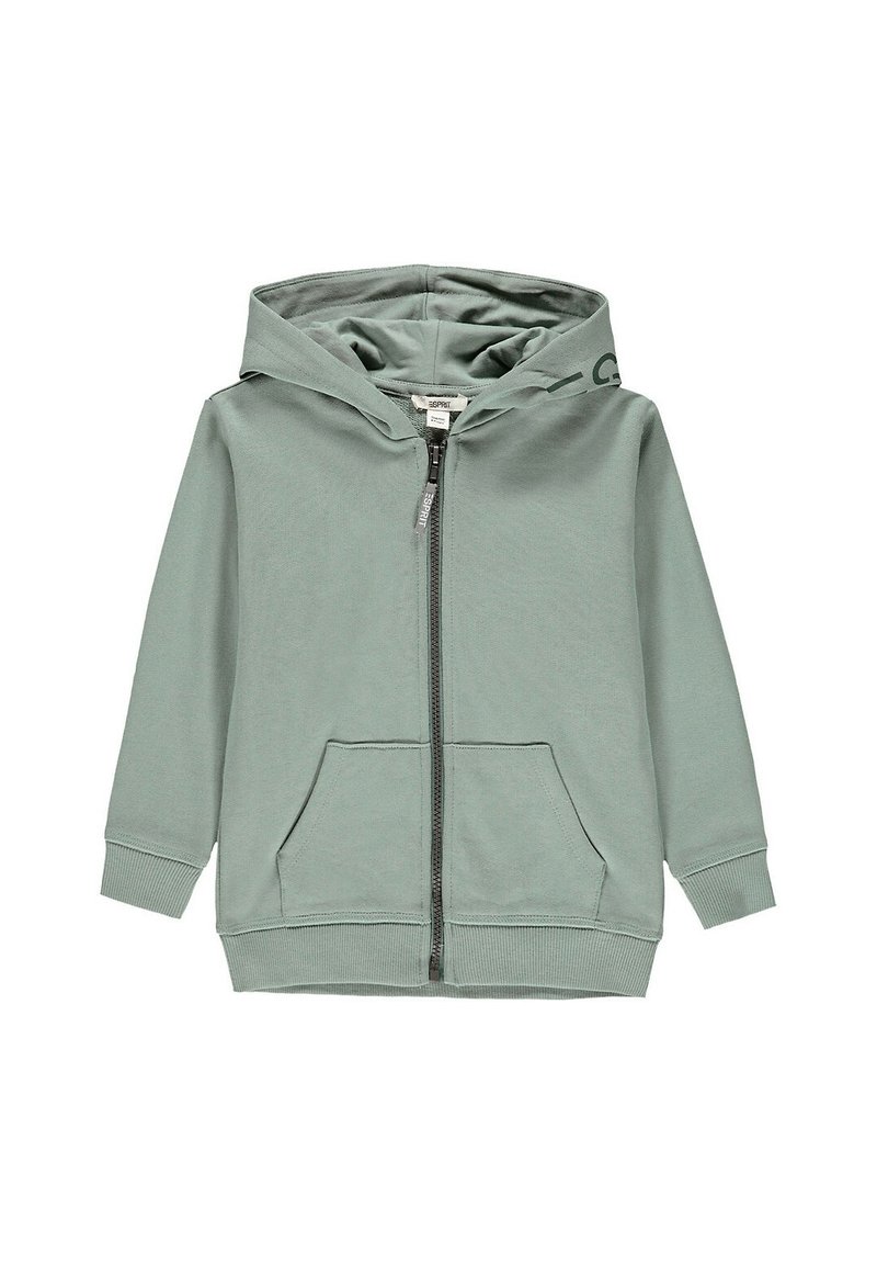 Zelená mikina na zip s kapucí na stahovací šňůrku, klokankovými kapsami, ribovanými manžetami a měkkou texturou. Plochý design bez viditelných vzorů nebo akcentů.