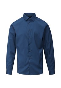 Mørkeblå langermet skjorte laget av vevd stoff, med klassisk krage, knappestolpe foran og mansjetter med én knapp.