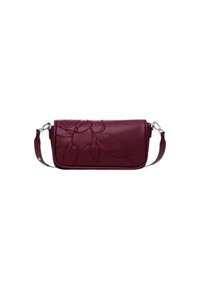 Borsa a tracolla in pelle bordeaux con embossing floreale, pattina frontale e tracolla regolabile con hardware in argento. Texture liscia.