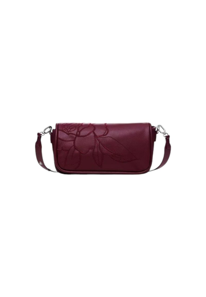 Borsa a tracolla in pelle bordeaux con embossing floreale, pattina frontale e tracolla regolabile con hardware in argento. Texture liscia.