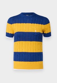 Short-sleeve knitted sweater in blue and yellow stripes with cable knit pattern and white trim at the sleeves. Features a small logo on the chest.