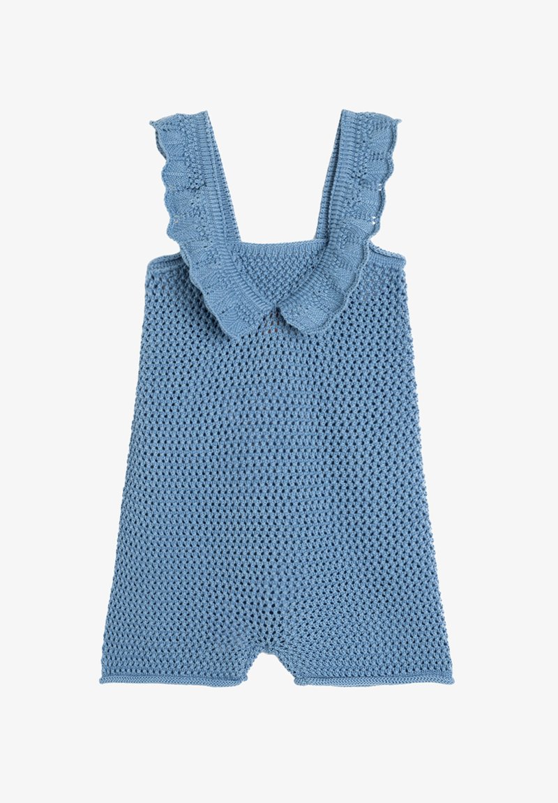 Lys blå strikket romper med bølgende stropper og krave, der har åbne stingmønstre og et behageligt kort design.