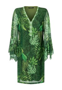 Grünes, durchsichtiges Kleid mit Blattmuster, V-Ausschnitt mit gemustertem Saum und Glockenärmeln. Das leichte Material verstärkt das tropische Design.