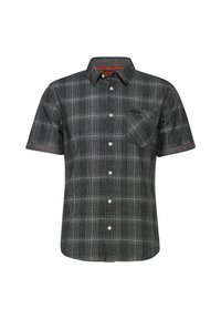 Krátký rukáv, košile na knoflíky v černobílé kostkované barvě, s náprsní kapsou a kontrastním lemováním límce. Vyrobena z tkané látky.