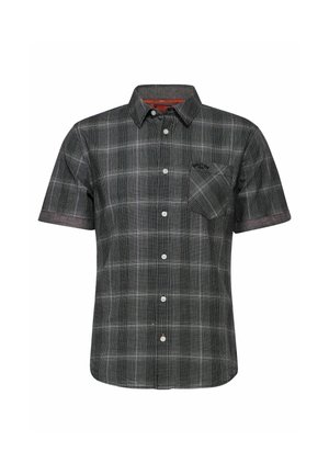 Chemise à manches courtes à motif à carreaux noir et blanc, dotée d'une poche poitrine et d'une bordure de col contrastante. Fabriquée en tissu tissé.