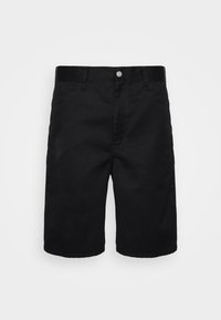Svarta shorts tillverkade av ett slätt tyg med platt front, fem bältesöglor och en silverfärgad knapp i midjan. Sömda benöppningar.