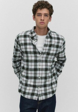 Groen en witte geruite button-down shirt, lange mouwen, met een kraag. Draag het over een wit T-shirt met ronde hals. Donkere jeans, simpele achtergrond.