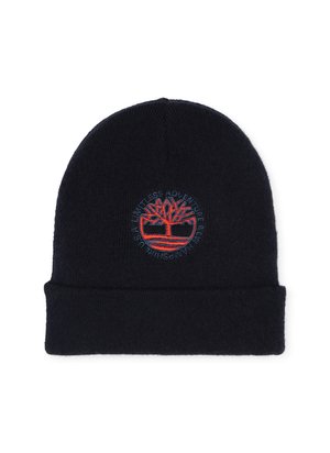 Bonnet en tricot bleu marine foncé avec un revers. Présente un logo d'arbre brodé circulaire avec du texte rouge et bleu autour du design.