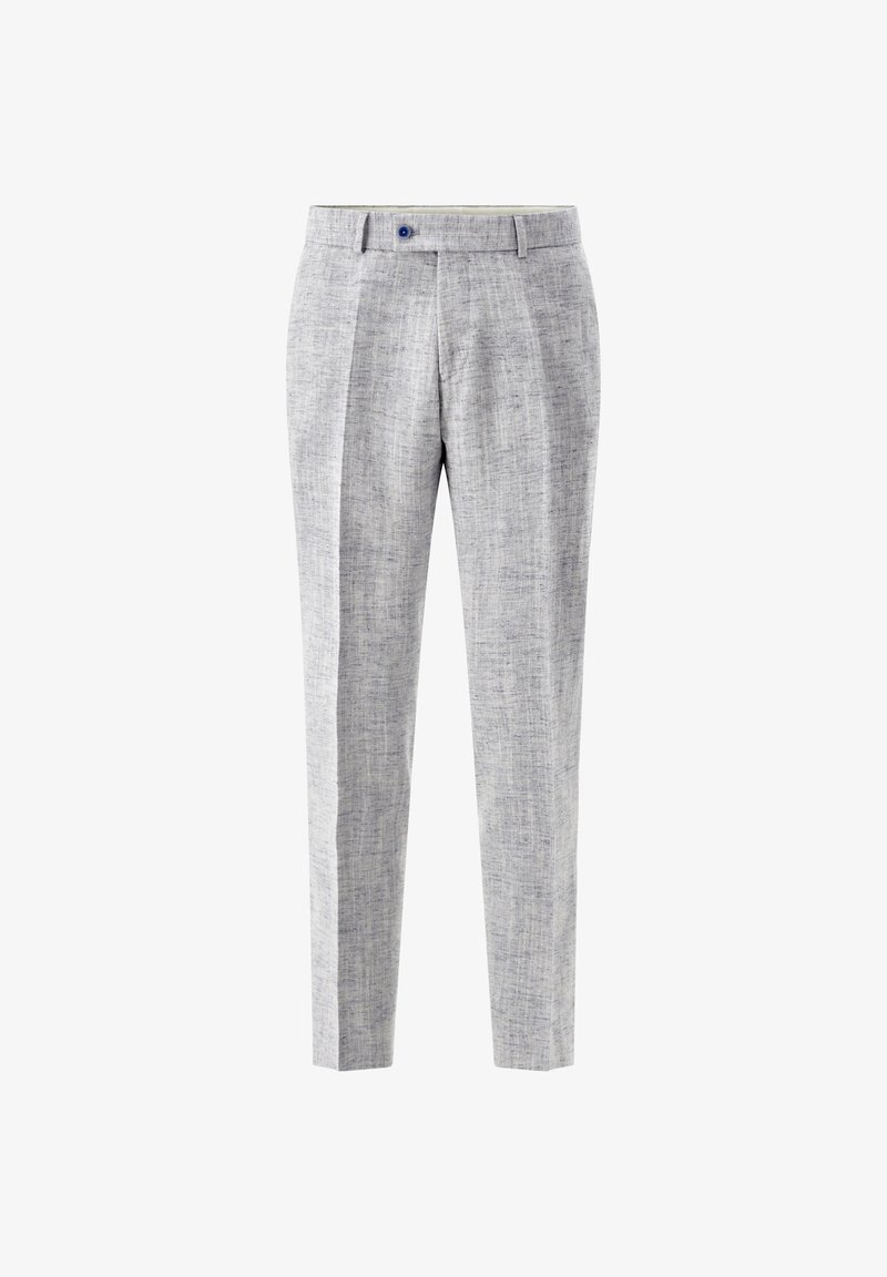 Lichtgrijze linnen broek met een subtiele textuur, voorzien van plooien, een rechte snit en een blauwe knoopdetail bij de tailleband.