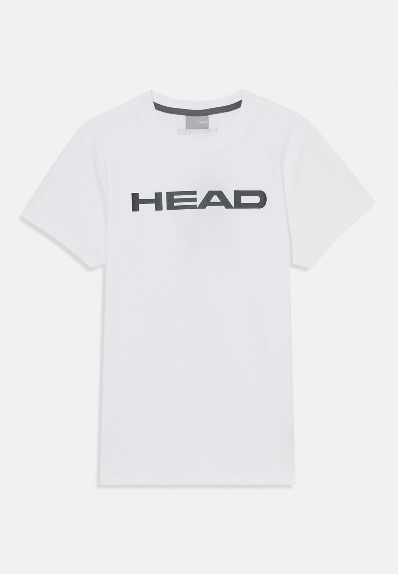 Bela bombažna majica s kratkimi rokavi, ki ima na sprednji strani velik črn logotip "HEAD" na sredini. Oblika s krožnim ovratnikom, gladka tekstura.