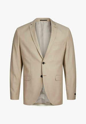 Blazer beige con un tejido texturizado, diseño de un solo botón, solapas con muesca, dos botones y un bolsillo en el pecho. Interior forrado.