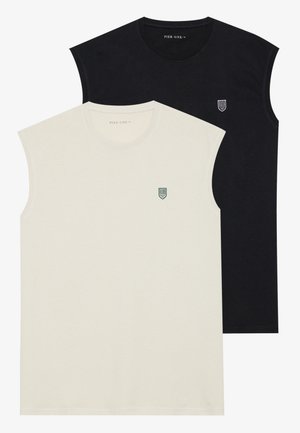 Două tricouri fără mâneci: unul crem cu un mic logo verde, celălalt negru cu un logo alb. Material din bumbac moale, design casual.