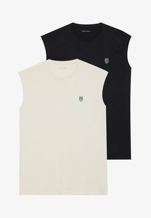 Two sleeveless T-shirts: one cream with a small green logo, the other black with a white logo. Soft cotton fabric, casual design.