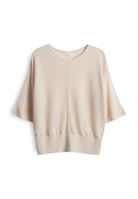 Hellbeige Kurzarmpullover aus weichem Material, mit rundem Halsausschnitt, lockerer Passform und geripptem Saum am unteren Ende.