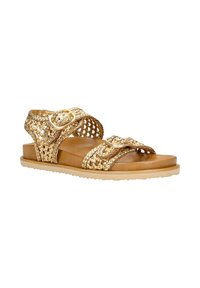 Sandali piatti in oro intrecciato, con due cinturini regolabili, suola piatta e una soletta liscia di color marrone chiaro. Progettati con dettagli a fibbia.