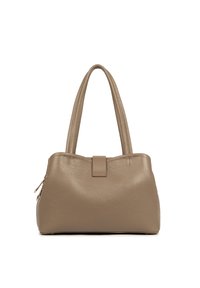 Borsa a mano in pelle beige con due manici testurizzati, corpo arrotondato, lati con zip e chiusura centrale a linguetta. Design liscio e strutturato.
