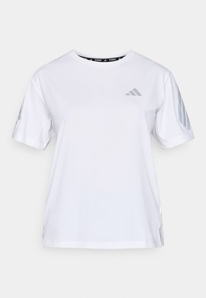 Camiseta atlética branca de manga curta, gola redonda, logótipo Adidas em cinza claro no peito e ombros, feita de tecido respirável.