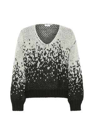 Svart och vit stickad pullover med djup V-ringning, strukturerat mönster och ribbade mudd och fåll. Har en gradienteffekt.