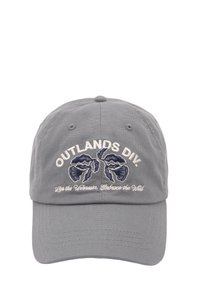 Căciulă din bumbac gri cu text brodat albastru și alb "OUTLANDS DIY." și design floral. Dispune de o margine curbată și curea ajustabilă.