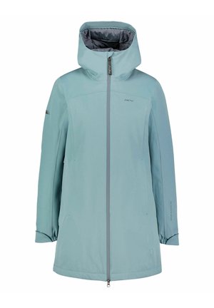 Vaaleansininen pitkä huppari, jossa on kokonaan edestä vetoketju, pitkät hihat ja hillityt brändilogot rinnassa ja hihassa.