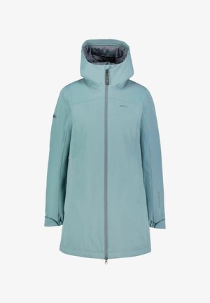 Chaqueta larga azul claro con capucha, cremallera completa en la parte delantera, mangas largas y logos de la marca sutiles en el pecho y la manga.