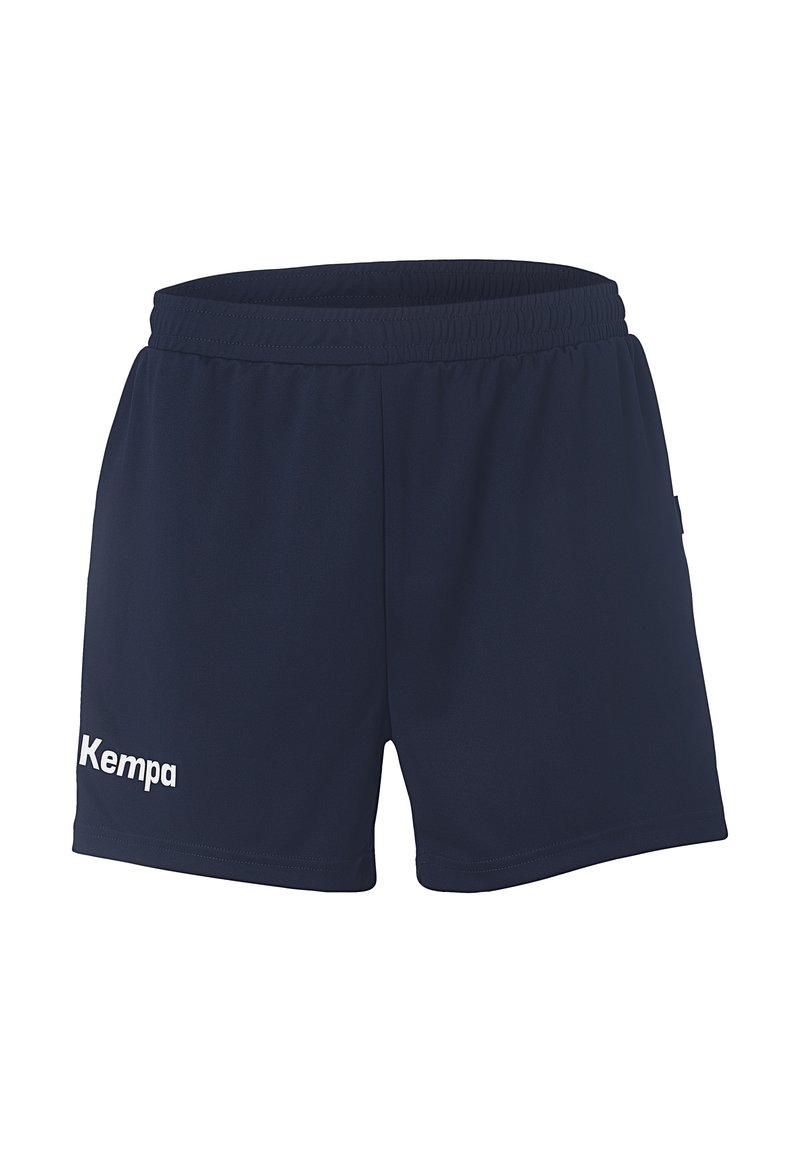 Shorts de sport bleu marine en tissu léger, avec une taille élastique et un logo "Kempa" blanc sur la jambe gauche.