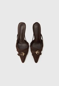 Rjavi semiš škornji s sprednjim vrhom, z zlatimi zaponkami in elegantnim trakom. Gladka notranja podloga.