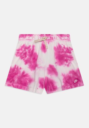 White and pink tie-dye shorts with beige drawstring and Nike logo on left leg, displayed on a white background.