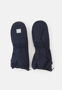 Marineblaue isolierte Fäustlinge aus wasserabweisendem Material, mit elastischen Bündchen und einem Logo-Patch. Glatte Textur und unkompliziertes Design.