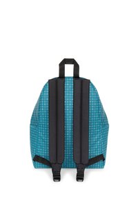 Zaino turchese con motivo a rete, spallacci neri imbottiti e maniglia superiore. Presenta una forma rotonda e una texture liscia. Adatto per l'uso quotidiano.
