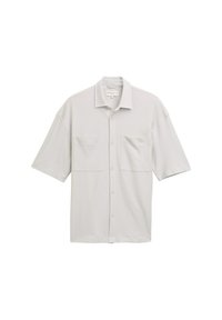 Lichtgrijs shirt met korte mouwen, een button-down kraag, twee borstzakken en een gestructureerde stof. Eenvoudig ontwerp met een relaxte pasvorm.