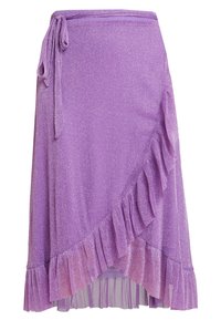 Fialová zavinovací sukně z třpytivého materiálu s volánkovým designem po okraji a zavazováním v pase pro nastavitelný střih.