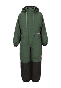 Combinaison isolée verte et noire avec une capuche, dotée de deux poches avant, de poignets élastiques et d'accents réfléchissants sur la poitrine et les poches.