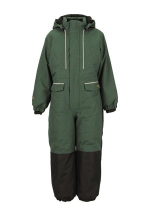 Combinaison isolée verte et noire avec une capuche, dotée de deux poches avant, de poignets élastiques et d'accents réfléchissants sur la poitrine et les poches.