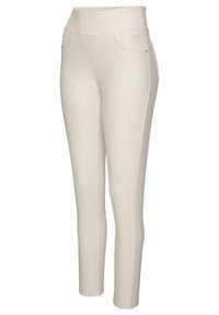 Beige Stretchhosen mit hoher Taille, ausgestattet mit zwei Vordertaschen und einer glatten Textur. Entworfen mit einer schlanken Passform und geraden Beinen.