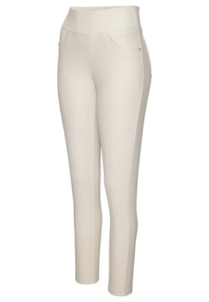 Beige Stretchhosen mit hoher Taille, ausgestattet mit zwei Vordertaschen und einer glatten Textur. Entworfen mit einer schlanken Passform und geraden Beinen.