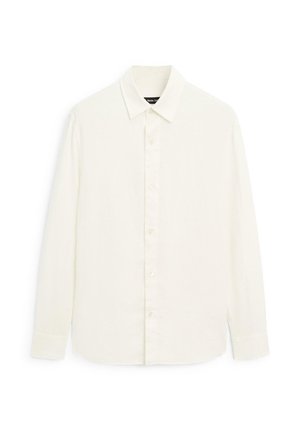 Witte blouse met lange mouwen, gemaakt van lichtgewicht stof, met een klassieke kraag, knoopsluiting aan de voorkant en een rechte zoom. Subtiele structuur zichtbaar.