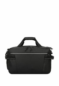 Borsa da viaggio in tessuto nero con manici doppi, numerosi scomparti con zip e tracolla regolabile. Presenta un design elegante e moderno.